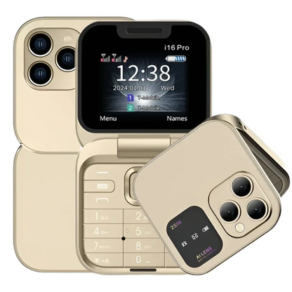 Mini telefon pliabil i16 Pro cu clapetă, auriu