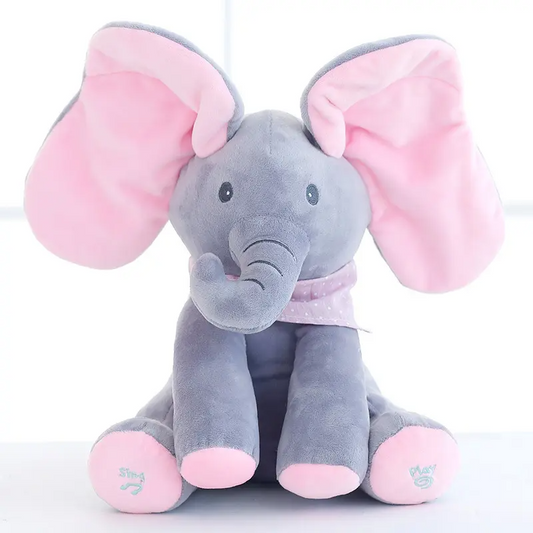 Elefant interactiv de pluș Cucu-Bau cu urechi roz, 30 cm