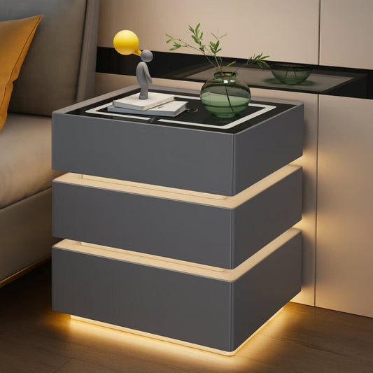 Noptieră smart gri închis cu 3 sertare și iluminare LED